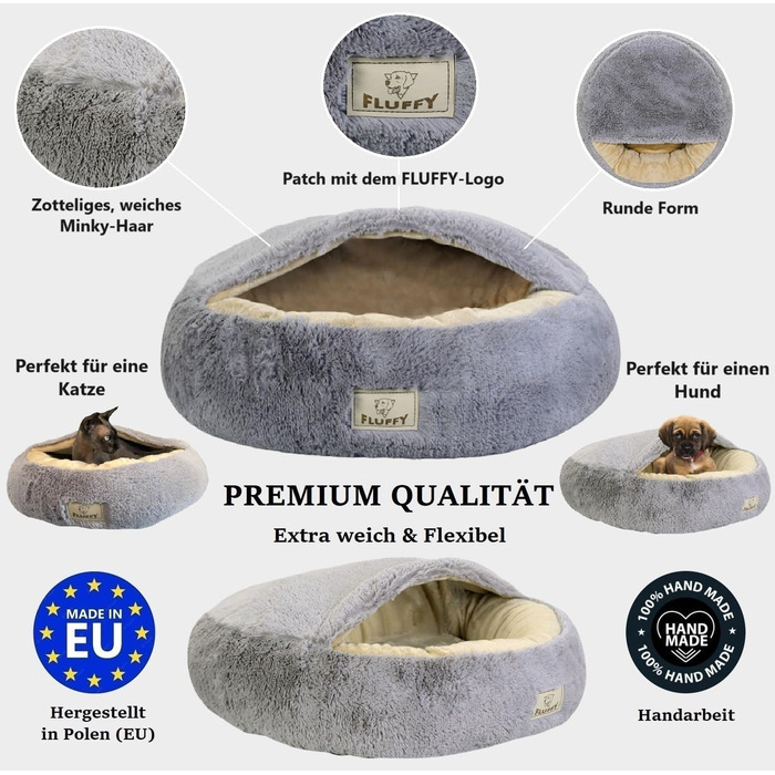 Кругле ліжко для собак та котів Donut Ø 60 см з дахом, плюшеве, з штучного хутра, для маленьких та середніх собак