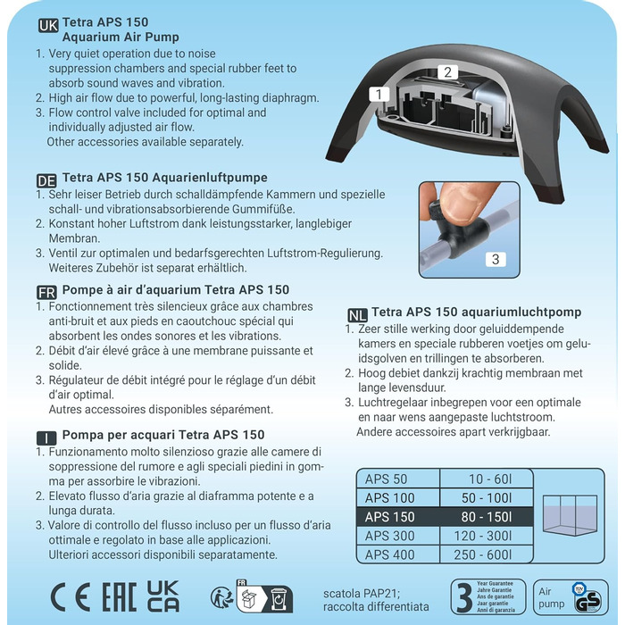 Tetra APS 150 тиха мембранна повітряна помпа для акваріума 80-150 л, чорна