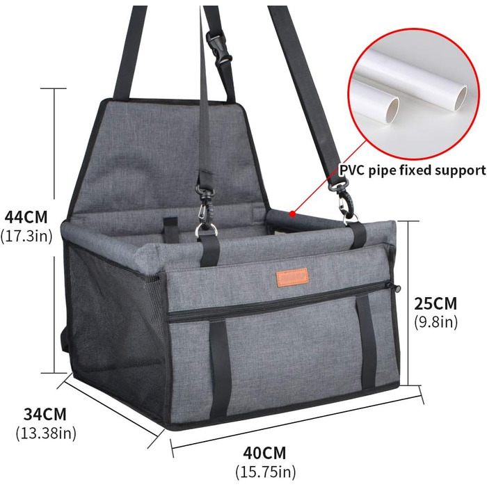 Автокрісло для собак - автокрісло для маленьких собак з ременем, водонепроникне, стабільне, для заднього та переднього сидіння, чорно-сірий (з PVC-трубою)