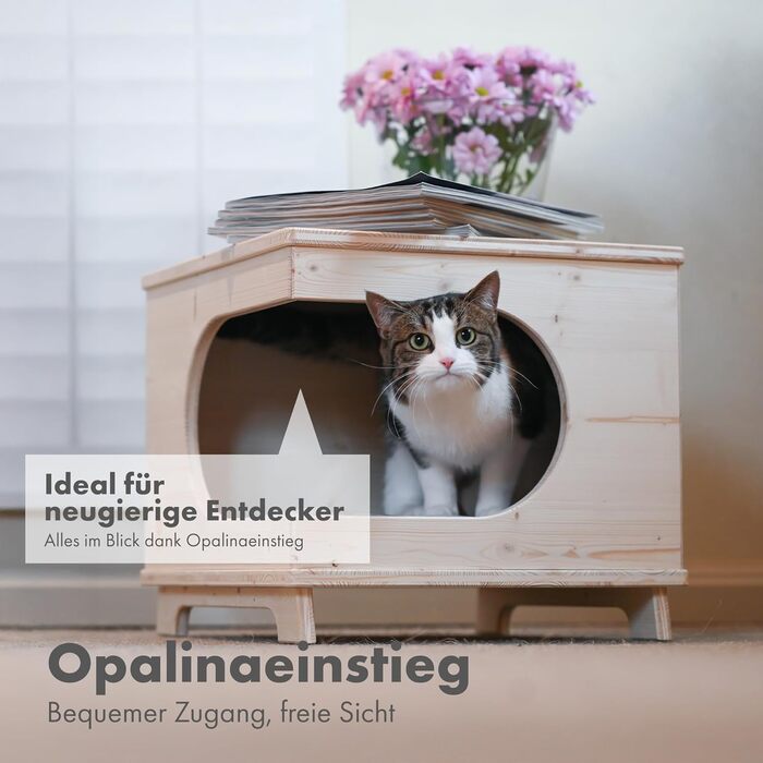Дерев'яний будиночок для котів Deerke Living, ручна робота, з подушкою, 41x41x37 см, преміум якість, вироблено в Німеччині