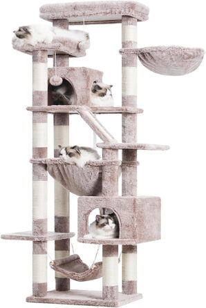 Кігтеточка-вежа для котів Heybly HCT034G, 180 см, коричнево-бежева: 2 платформи, 2 будиночки, гамак, кошик, когтешкреб