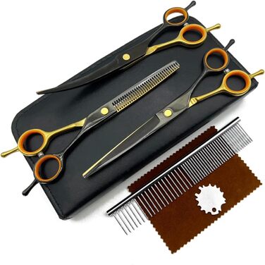 Професійний набір ножиць для грумінгу собак: вигнуті, прямі та розріджуючі ножиці + гребінець (чорний+жовтий)