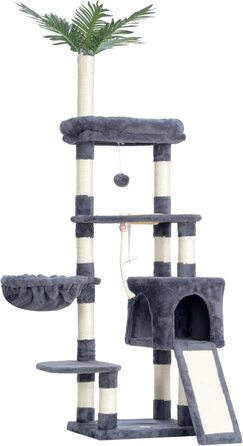 Котячий комплекс Heybly 166 см, дім-дерево для котів, багаторівневий, з лежанкою, когтеточка, кошиком, мискою, драпак для котів, сучасний дизайн, димчасто-сірий