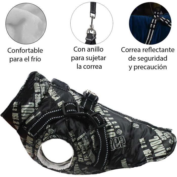 Зимова жилетка для собак, теплий нашийник, водонепроникний одяг для тварин з кільцем, регульована блискавка, світловідбиваючі елементи (M, Чорний)