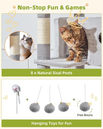 Кігтеточка для котів Taoqimiao 193 см, велика, XXL, з будиночками, гамаком, платформами та 8 стовпчиками для заточування кігтів, сірого кольору MS046W