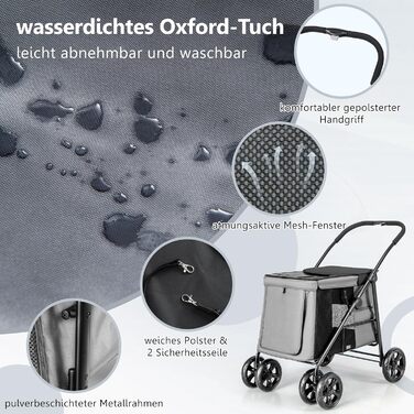 GYMAX Візок для собак, складний, до 40 кг, з кишенями, візок-тролей для собак та котів, сітчасті вікна, універсальні колеса та ручка (Сірий)