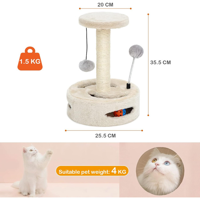 ALLSOPETS Котячий комплекс-башта з сизалем, крутящийся тунель, підвісна іграшка, для маленьких котів, білий