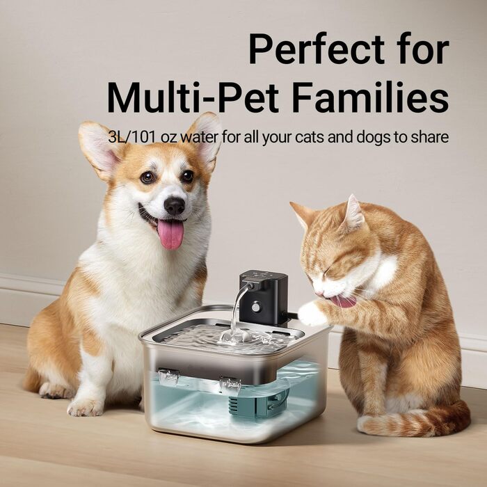 Фонтанчик для котів DownyPaws з нержавіючої сталі, бездротовий, з датчиком руху, 3л, тихий, легко миється, з 6 фільтрами