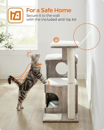Котячий комплекс Feandrea WoodyWonders UPCT070G01, 86 см, сучасний котячий будинок-турнікет з 3 сидіннями, кігтеточка, мат, будиночок, 4 знімні пральні подушки, сіро-білий