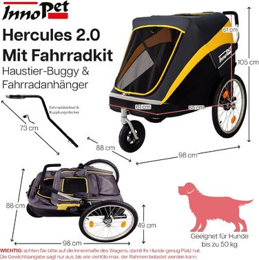Візок для собак Innopet Hercules 2-в-1 (також велосипедний причіп) жовто-сірий - до 50 кг, з перетворювачем та дощовим покривом, внутрішні повідки, повітряні колеса 45 см