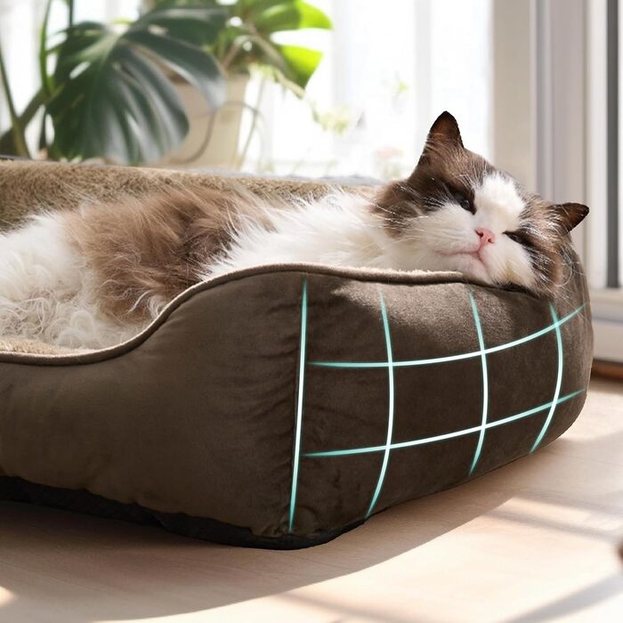 Ліжко для котів BEDSURE велике, миється - 63.5x53 см, неслизьке, для собак та котів, квадратна корзина з м'яким бордюром, (51 x 41 см (Д x Ш), Колір: Коричневий)