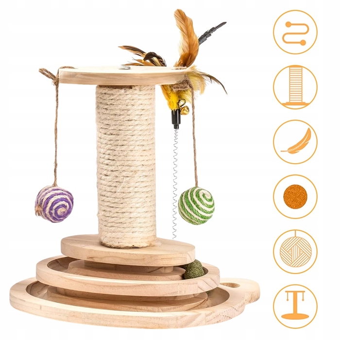 Інтерактивна дерев'яна іграшка-драбалка для котів з м'ячиком