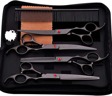 Набір ножиць для грумінгу собак, 7 дюймів, професійний набір для догляду за тваринами, нержавіюча сталь, вигнуті ножиці, ножиці для розрідження, гребінець для грумінгу, для собак та котів, 5 шт. чорний