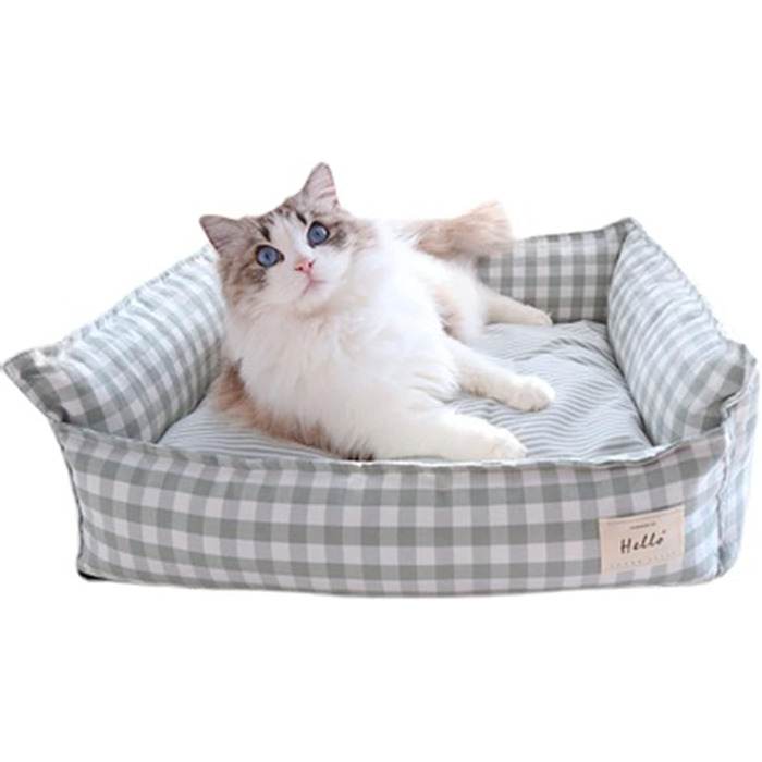 Килимок для собак/кішок, бавовняний льон, в клітинку, дихаючий, з неслизьким дном, заспокійливий, знімний матрац, розмір S, кольору абрикос