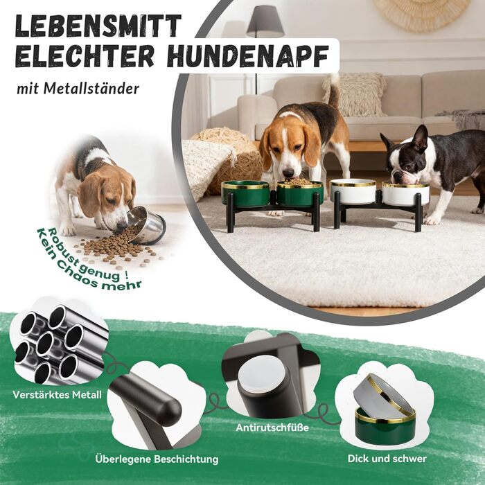 Миска для собак Keraik піднята на підставці з нержавіючої сталі - подвійна миска для корму та води для собак маленьких та середніх порід - неслизький набір мисок для собак - 350г / 660л - 15c - (M, Зелений)