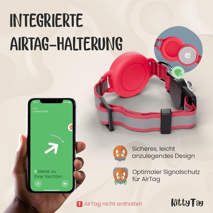 Нашийник для кота KittyTag з аксесуарами, сумісний з Apple Airtag, світловідбиваючий та світловий, GPS, з захистом від задушення, регульований (червоний)