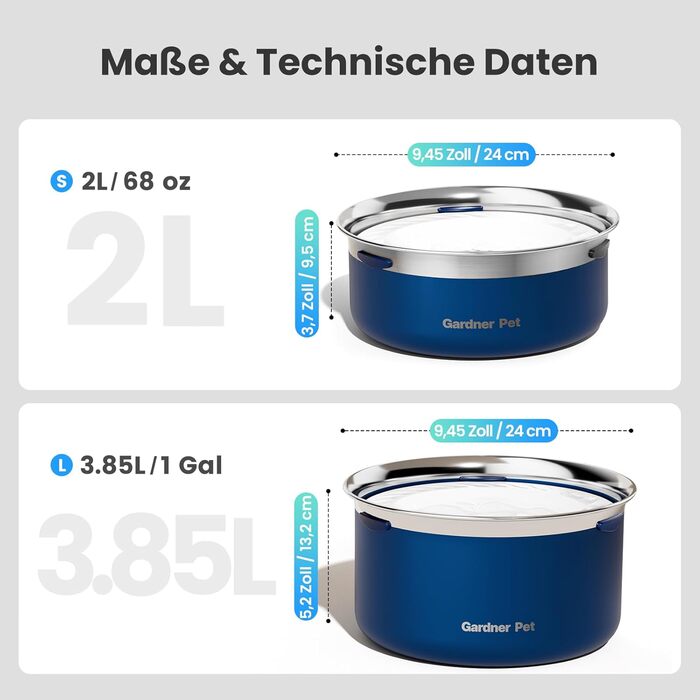 Миска для води для собак Gardner Pet без облизування, нержавіюча сталь, миска для собак, не протікає, анти-заковтування, для великих собак, для використання в приміщенні та на вулиці, запобігає краплинню, білий (2L, блакитний)
