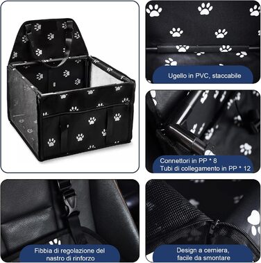 Автомобільний сидіння для собак на переднє сидіння - чорний, з ременями безпеки, водонепроникний, для малих та середніх порід