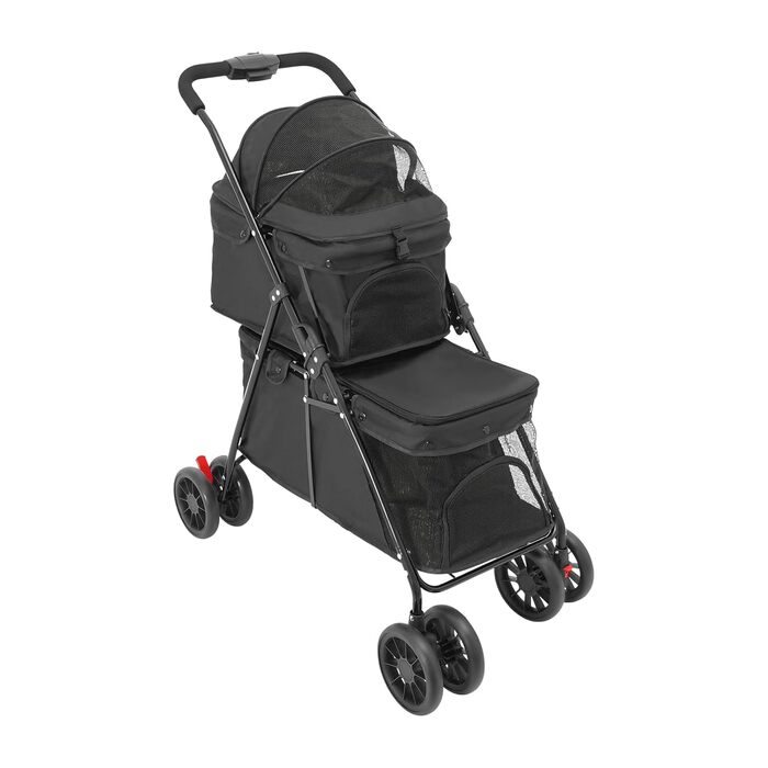 Складаний візок для собак та котів, 2-поверховий, з сумкою та ременями безпеки (Чорний)