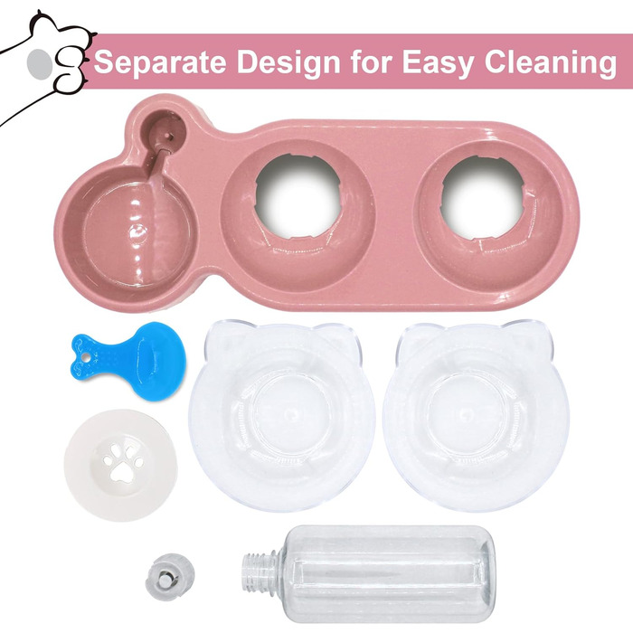 Набір мисок для котів та собак з диспенсером води, килимомком та лопаткою. Нахил 15°, миски для вологого та сухого корму, рожевий колір