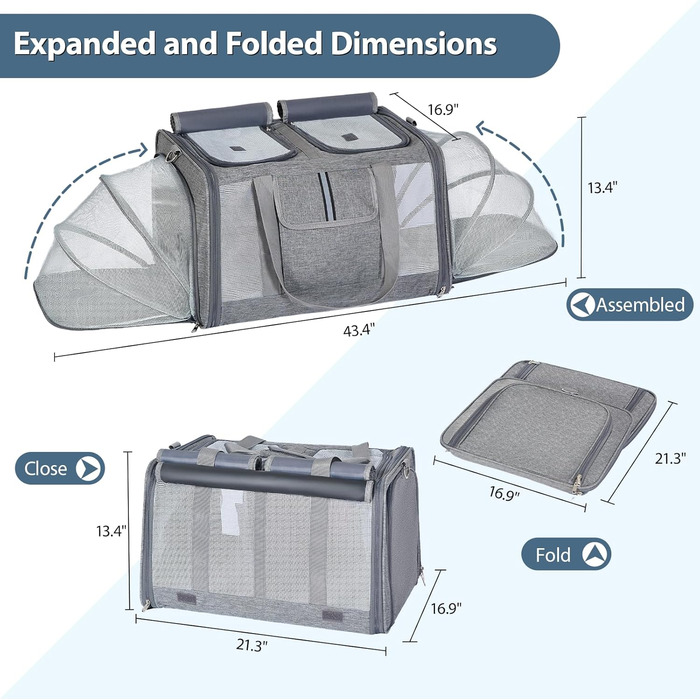 Розширювана переноска для котів та собак великого розміру на 2 тварин - переноска-рюкзак для котів та маленьких/середніх собак з розширенням з обох сторін, знімним вкладишем та кишенею для зберігання, сірого кольору - велика