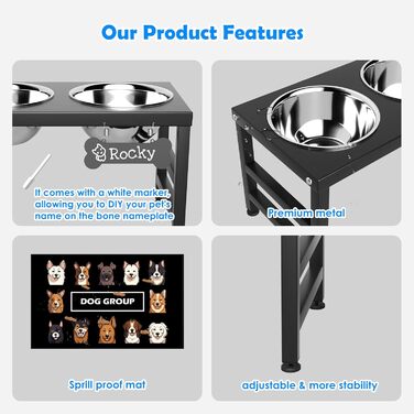 Підвищені годівниці для собак великих та екстра-великих порід, підставка для мисок з нержавіючої сталі (2 шт.) об'ємом 2,863 г та не проливаючим килимком, годівниця висотою 43,2 см для великих порід. Висота: 43 см (Висота мисок: 25 см, Чорний, L)