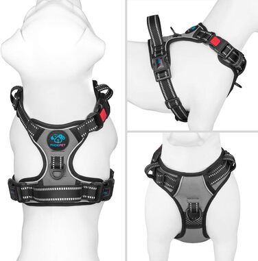 PHOEPET регульована антиковзна шлея для собак XL, сіра, з ручкою, відбивачем та 2 металевими кільцями
