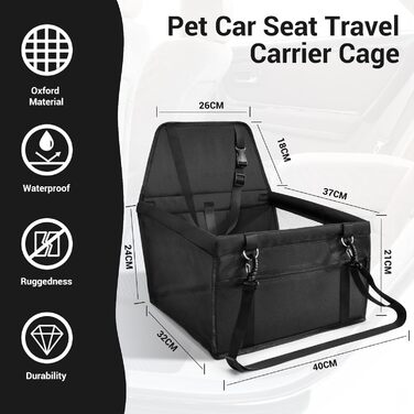 Автомобільний сидіння для собак - чорний, з Oxford тканини, дихаючий, знімне, для собак маленьких та середніх порід