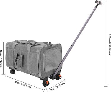 Транспортна переноска для котів та собак Apriltop з двома відділеннями та колесами, 60x40x45 см, сіра