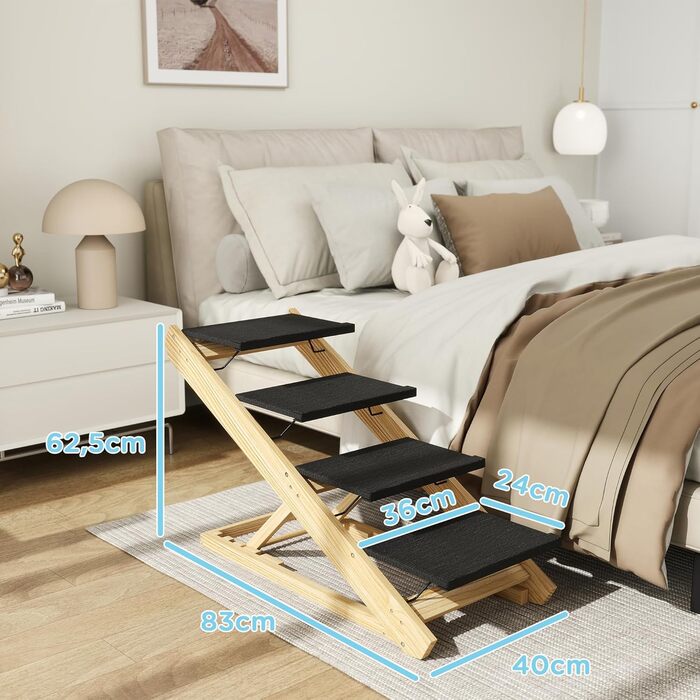 PawHut Сходинка для собак 4-ступенева, регульована висота 62,5 см, з антиковзким покриттям, складана, для собак та котів, великі породи до 40 кг, колір: натуральний