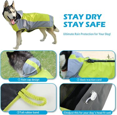 Водонепроникний дощовик для собак, регульований, з відбиваючими смугами та капюшоном, для прогулянок на відкритому повітрі, для маленьких, середніх та великих собак (зелений, XXL)