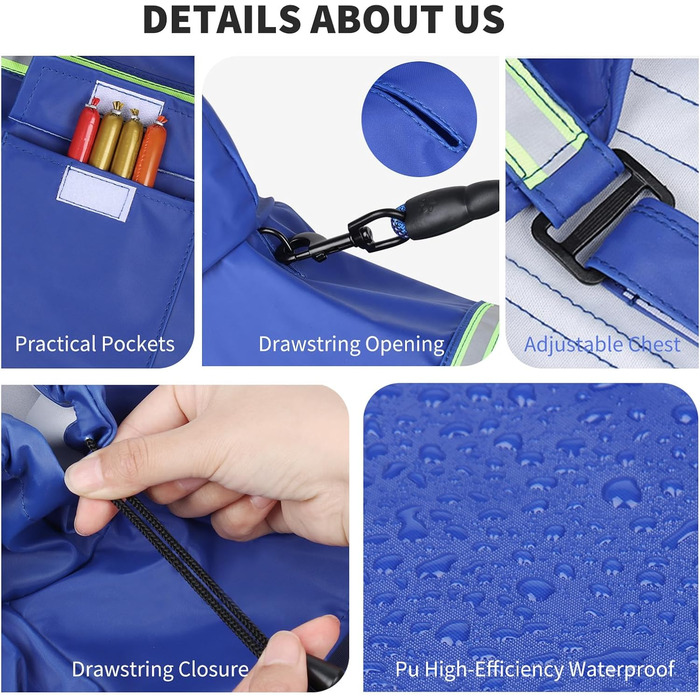 Дощовик для собак PETCUTE з капюшоном, непромокальний, з світловідбиваючими смугами, з отвором для страхувального ременя, для малих, середніх та великих собак (4XL, Темно-синій)