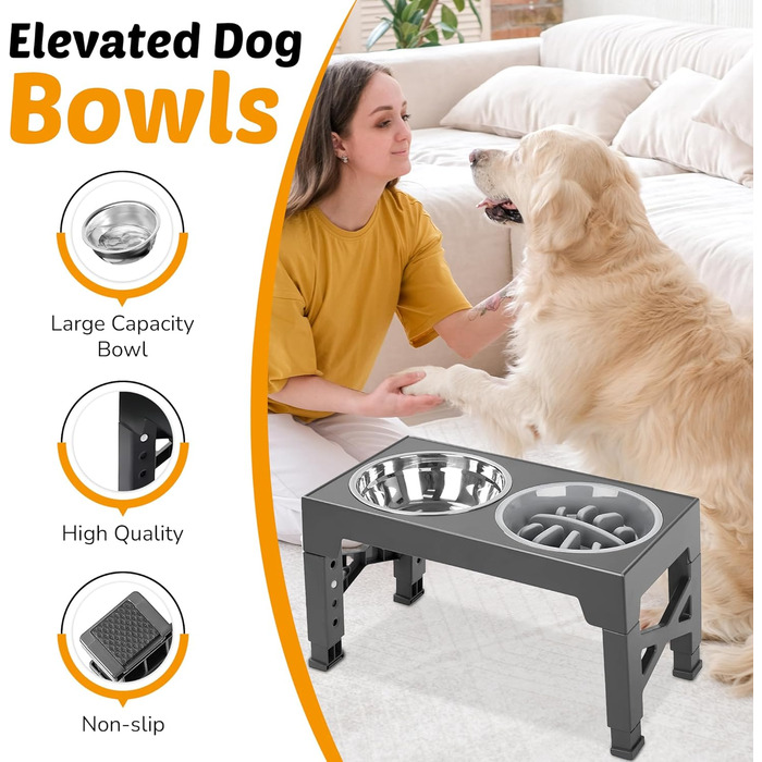 Підвищені годівниці для собак DicePro з регульованою висотою та повільною годівницею, 2 миски з нержавіючої сталі – для малих, середніх та великих собак
