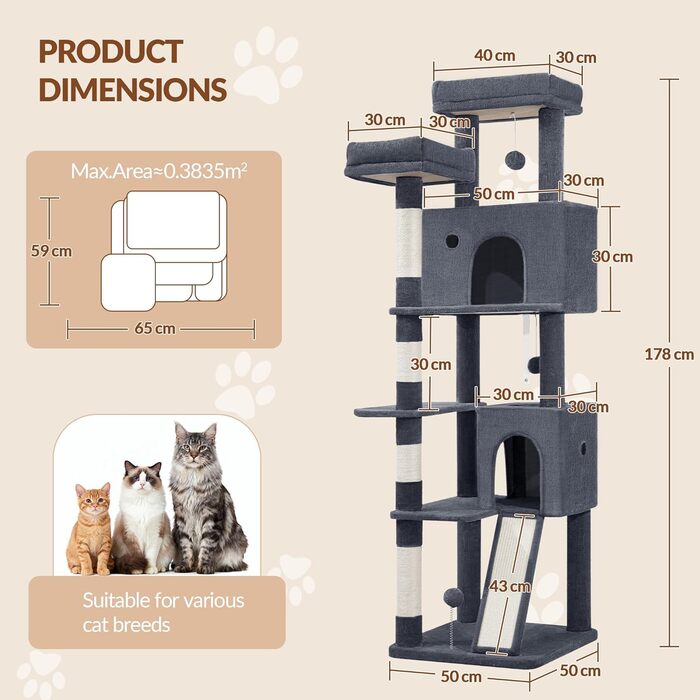 Котячий будиночок Kratzbaum 178 см: стабільний, з дряпальними стовпцями, лежаками та платформами, сірий