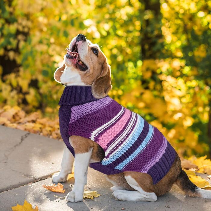 Пуловер для собак у смужку, теплий в'язаний пуловер з коміром-горловиною, теплий та м'який одяг для собак маленьких та середніх порід (L, фіолетовий у смужку)