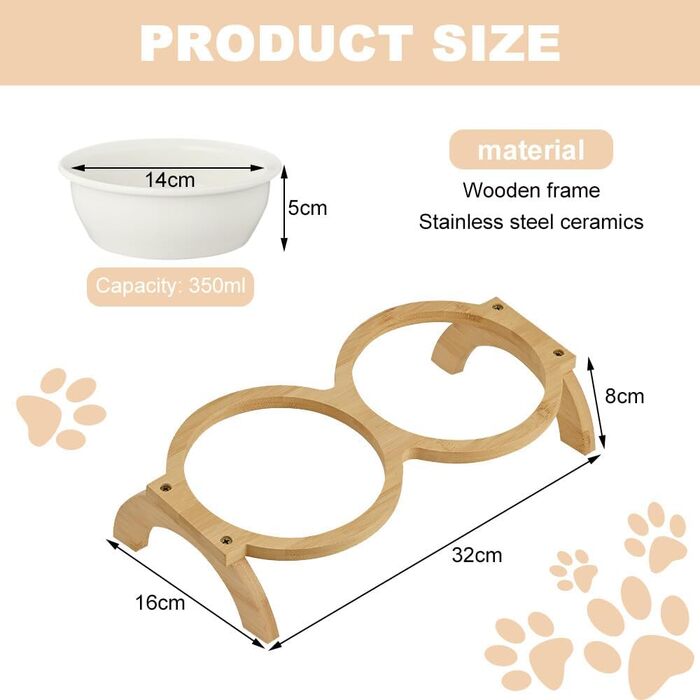 Набір мисок для котів та собак GmeDhc: 2 миски з кераміки на дерев'яній підставці