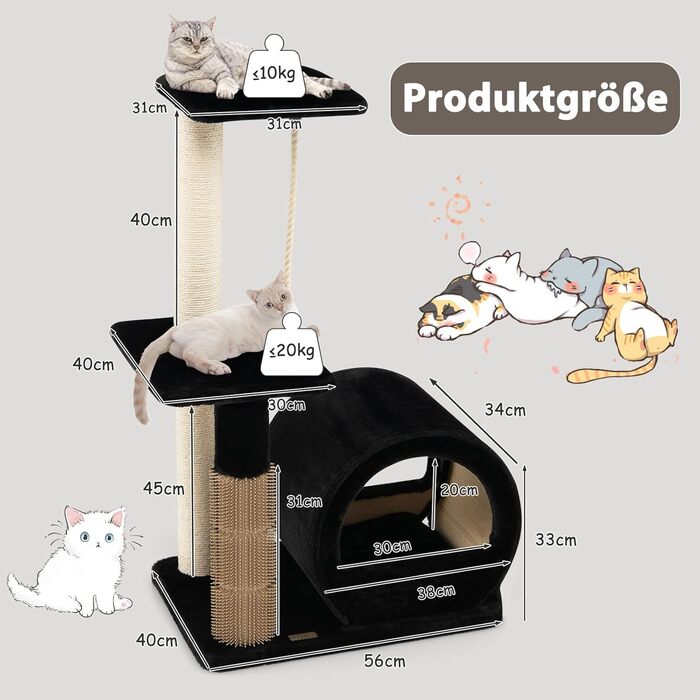 Дряпка для котів COSTWAY 92 см з будиночком, дряпальною дошкою, щіткою, м'ячиком та плюшевим сидінням. Кліматичний комплекс для котів, чорний