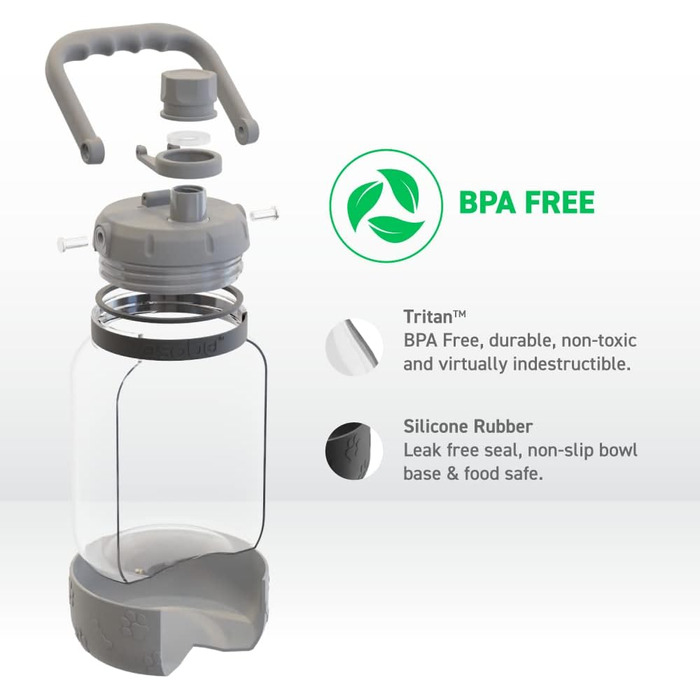 Asobu Barkley - Поїлка з мискою для собак, 1 л, Tritan, сіра | Для піших прогулянок, спорту та фітнесу