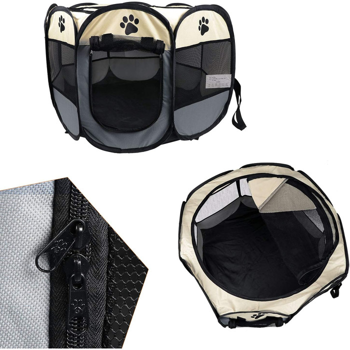 Переносний розкладний вольєр для тварин Coolty, 8-панельний, для собак, котів, кроликів та дрібних тварин, 91 x 91 x 58 см (Бежевий + Сірий)