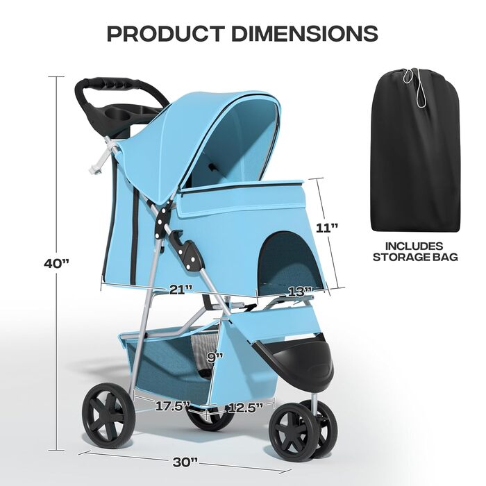 Дитяча коляска для котів та собак, 3 колеса, складний бугі для тварин, 13.6 кг, з кошиком та тримачем для напоїв, м'ятний колір