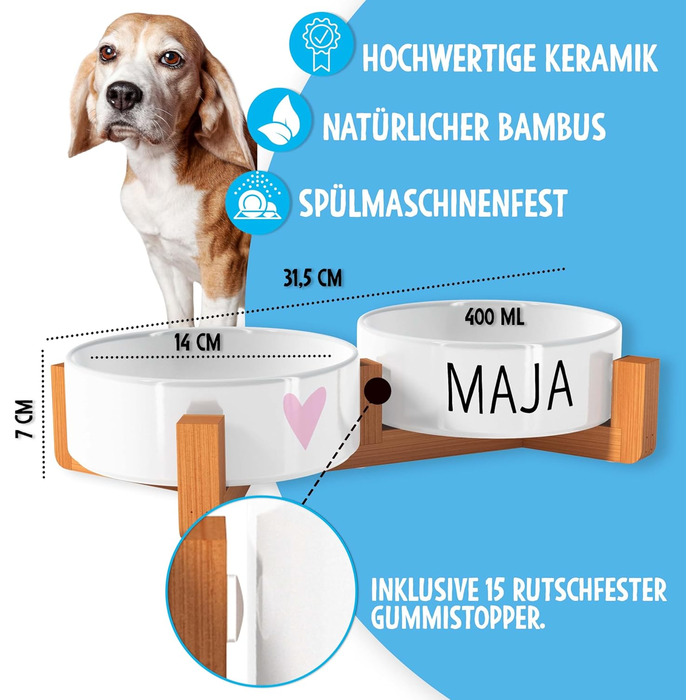 OWLBOOK Миска для собак з іменем Rosa Herz, подвійна керамічна миска з бамбуковим підставкою, 300 мл