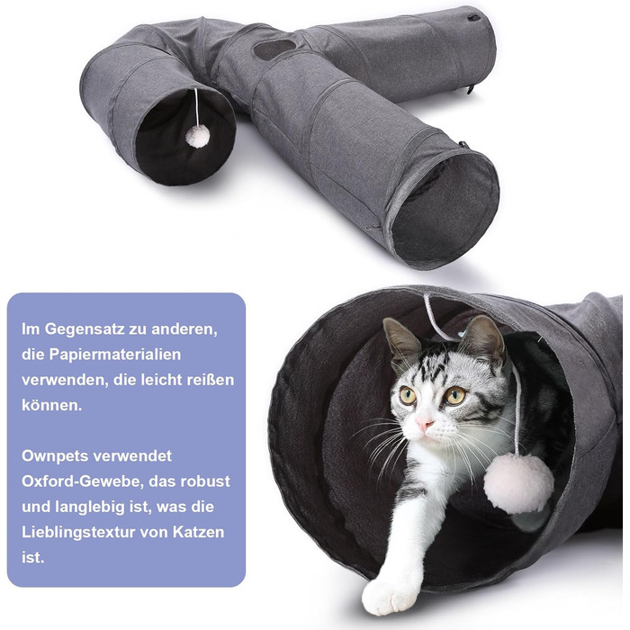 Ігровий тунель для котів Ownpets 3-в-1, розкладний тканинний тунель із м'ячиком та дразнилкою, для котів, кошенят, кроликів, цуценят, сірий