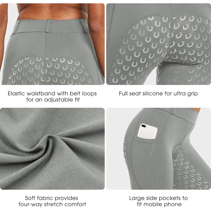 Легінси для верхової їзди FitsT4 для жінок, сірі, з силіконовою підкладкою, кишенею для телефону та петлями для ременя (розмір M)