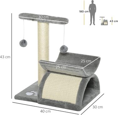 Дерев'яний кігтеточка PawHut для котів - ігровий комплекс з м'ячем, 40 x 30 x 43 см, коричневий/світло-сірий