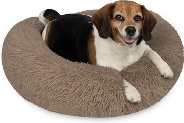Кругле собаче ліжко Normani для великих і маленьких собак - ергономічна подушка-донат, собача лежанка з високим бортиком, колір коричневий, розмір 60x60x22 см