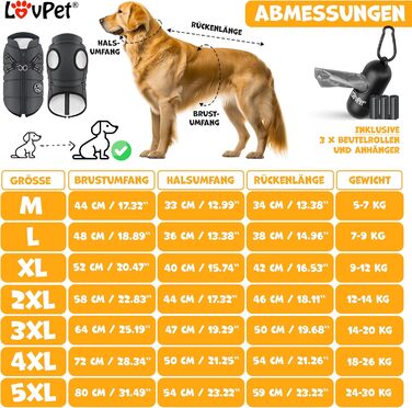 LOVPET® Тепла куртка для собак з повідком, 45 шт. пакетиків для вигулу + дозатор, зимова жилетка для собак, водонепроникна, з підкладкою, з м'якою вставкою на груди, світловідбивачі, D-подібний кільце (5XL, антрацит)