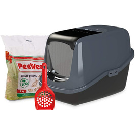 Лотку для котів PeeWee EcoHus з кришкою, закритий, чорно-антрацитовий, з 3 кг дерев'яної тирси