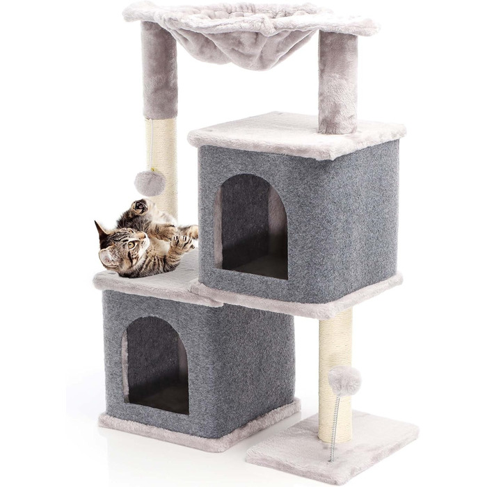 Котячий будиночок-крізьомачка Fudajo сірого кольору, 71,5 см, з платформою для відпочинку, лежаком, дряпалкою та будиночком для котів. Кліматичний комплекс для котів