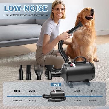 Фен для собак, 2800W, регулювання швидкості та температури, тихий, 4 насадки, для професійного та домашнього використання (Чорний)