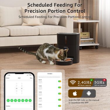 Автомат годування котів Balimo 3L з Wi-Fi, інтелектуальний диспенсер для котів/собак, з підсвічуванням та мискою з нержавіючої сталі 304, керування через додаток, 1-10 прийомів їжі на день, білий/чорний
